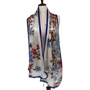 Vince Camuto Silk Scarf Floral Rectangle 17 x 72 Blue Red Satin